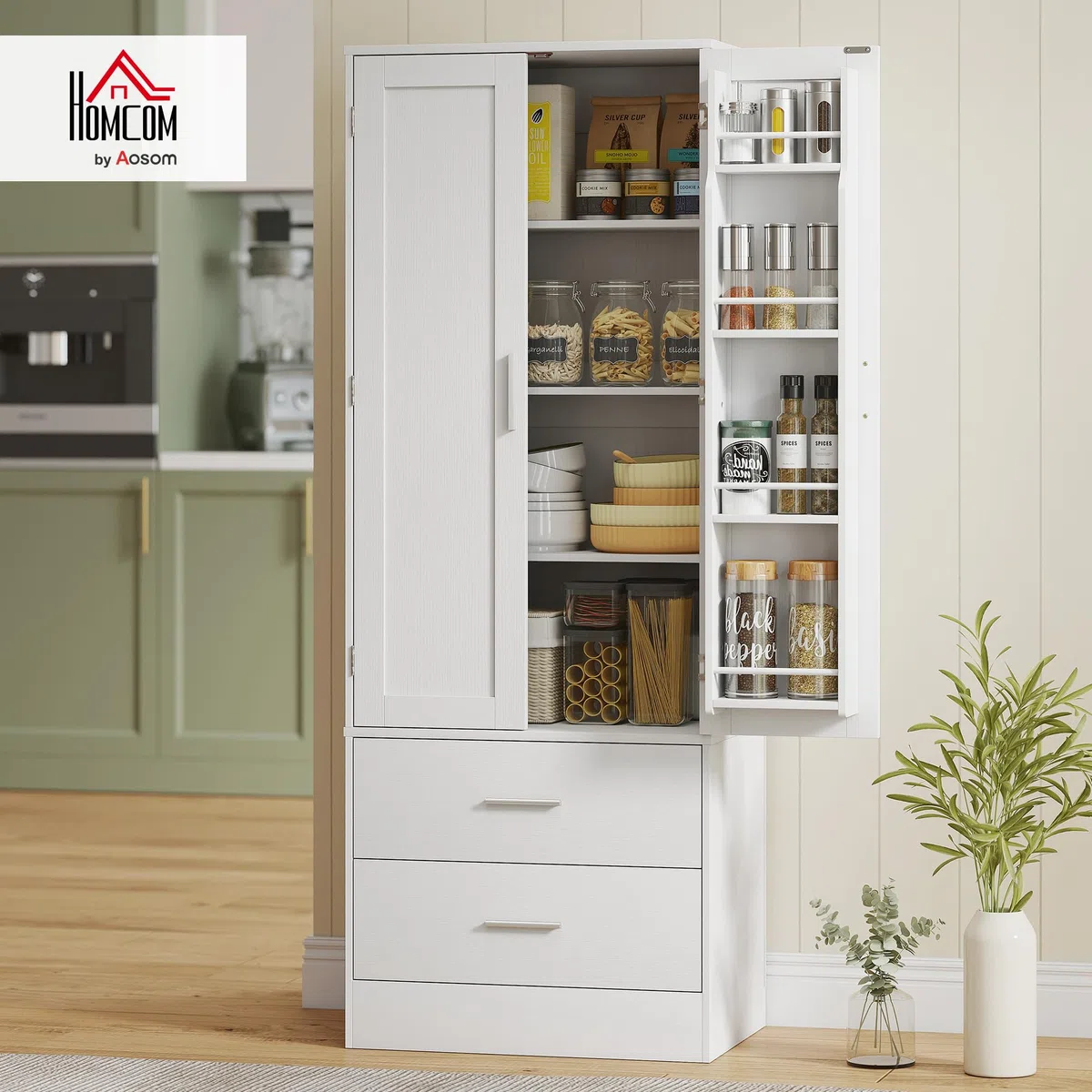 HOMCOM Credenza Cucina Alta 159 cm, Mobile Cucina con 8 Portaspezie sulla Porta, 2 Ante e 2 Cassetti, Mobile Dispensa Moderno con Ripiani Regolabili, per Sala da Pranzo, Soggiorno, Bianco