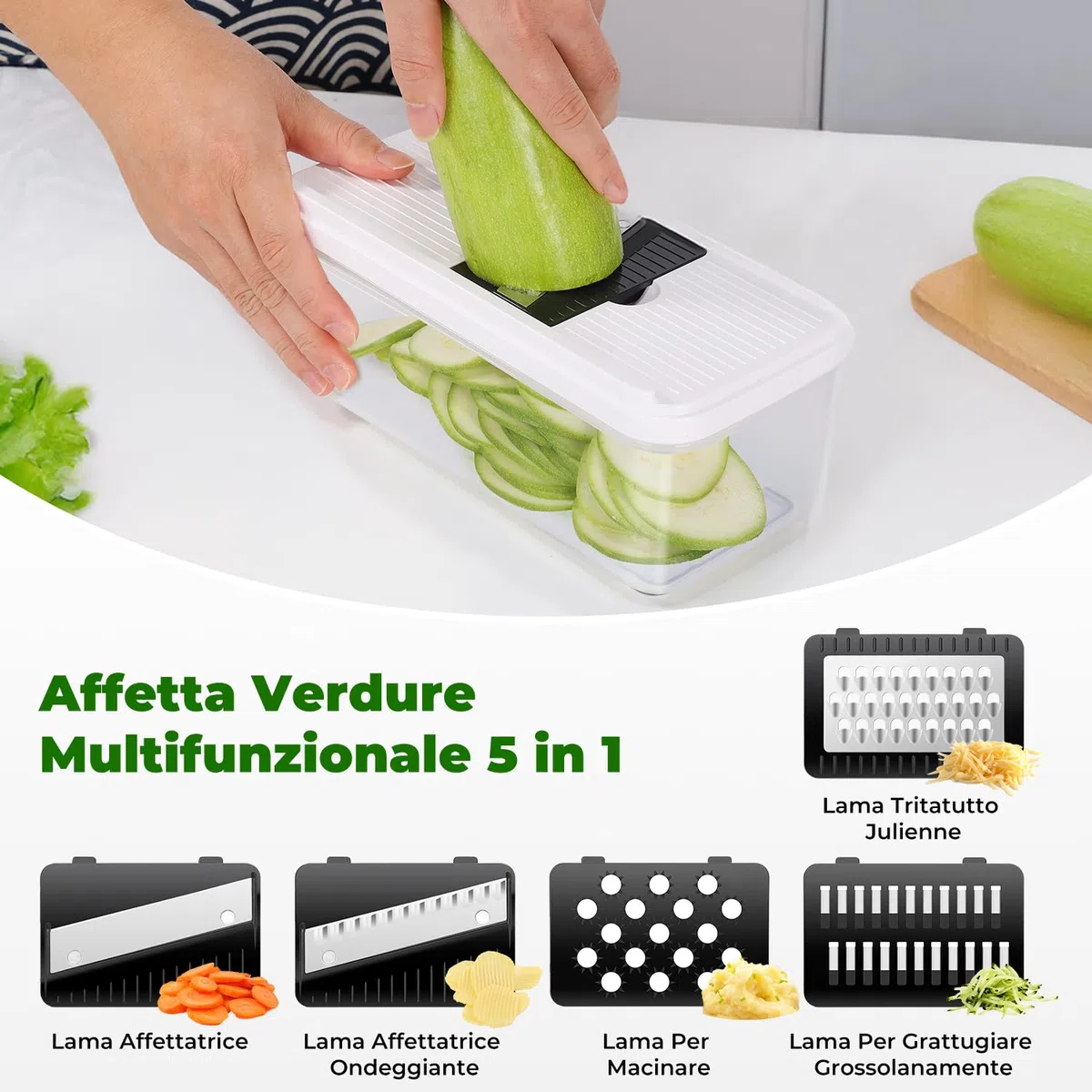 Mandolina per Verdure, Affetta Taglia Verdure Manuale, Mandolina Affettatrice Professionale, con 5 Lame Intercambiabili per Cipolla Cetriolo Zucchine Carote (Nero)