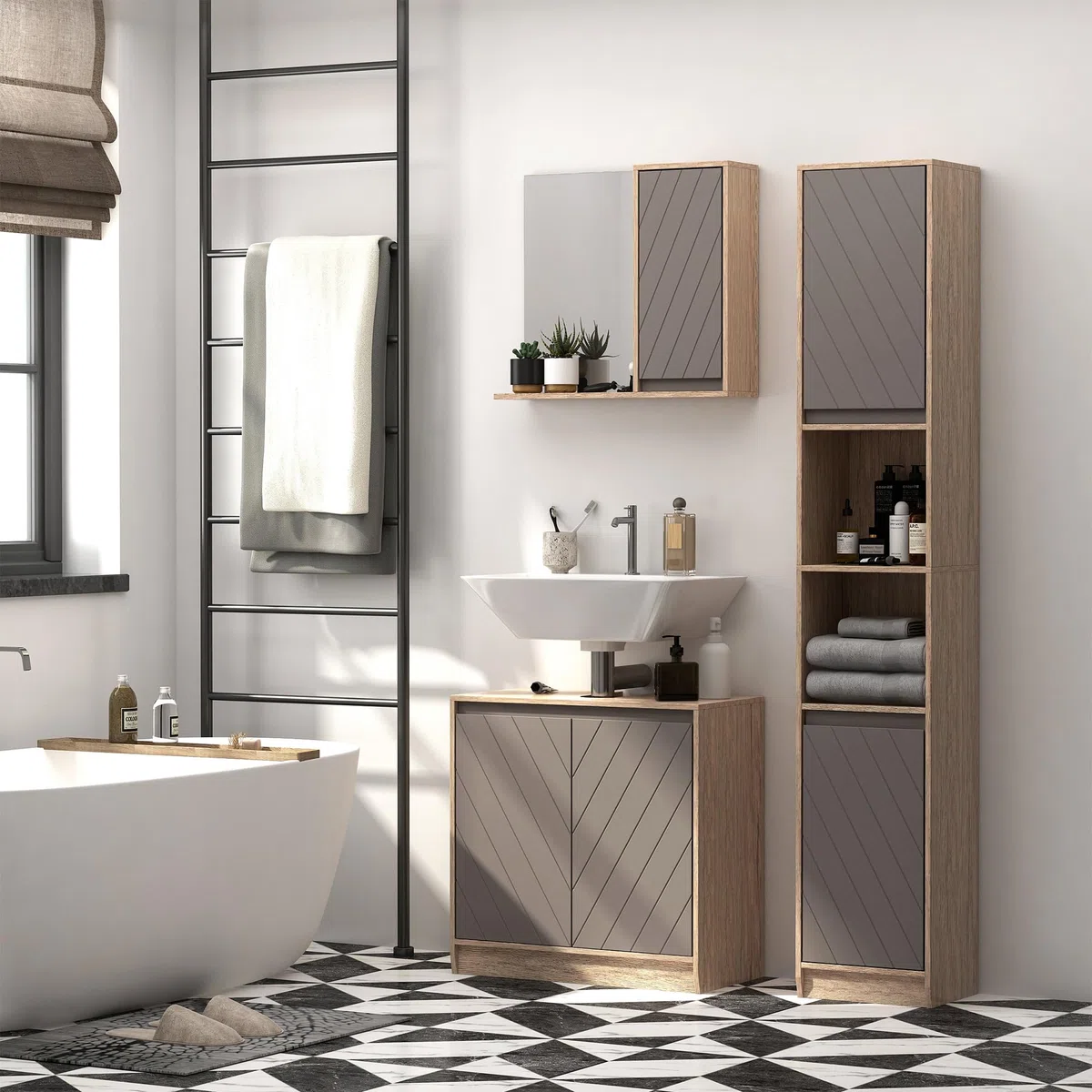 HOMCOM Armadietto Pensile per il Bagno con Mensola, Specchio e 2 Ripiani, Specchio Bagno Contenitore Installazione a Parete, Grigio e Rovere, 57 x 14.2 x 49.2cm