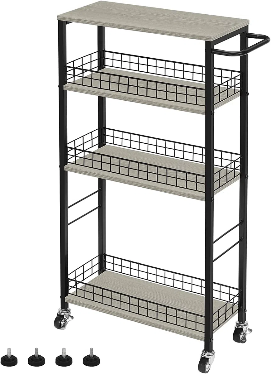 YBING Carrello portaoggetti sottile a 4 livelli sottile su ruote, carrello da cucina mobile stretto con tavolo in legno, grigio scorrevole con manico per soggiorno, dispensa, larghezza 17.9 cm
