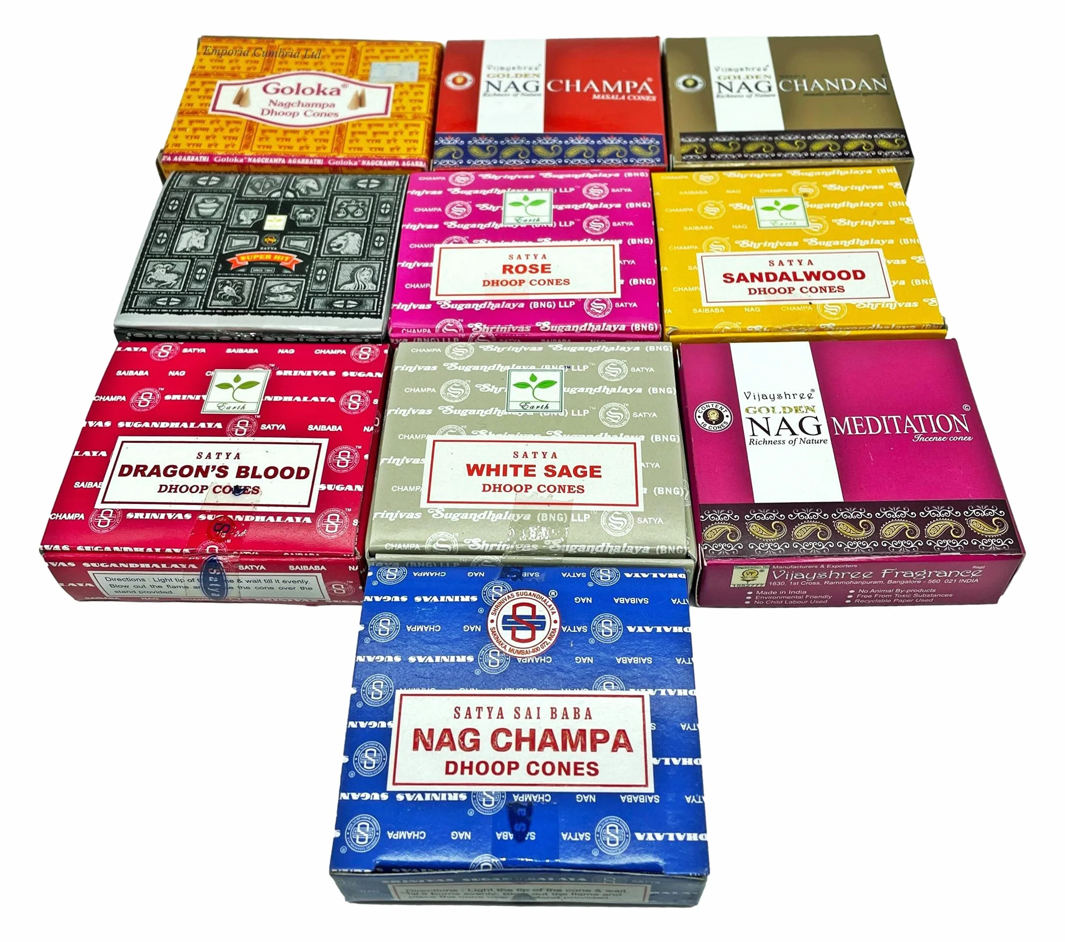 Nature's Spirit Exclusive Coni di Incenso Satya Nag Champa Golden Vijayshree Goloka Confezione da 10 Pezzi