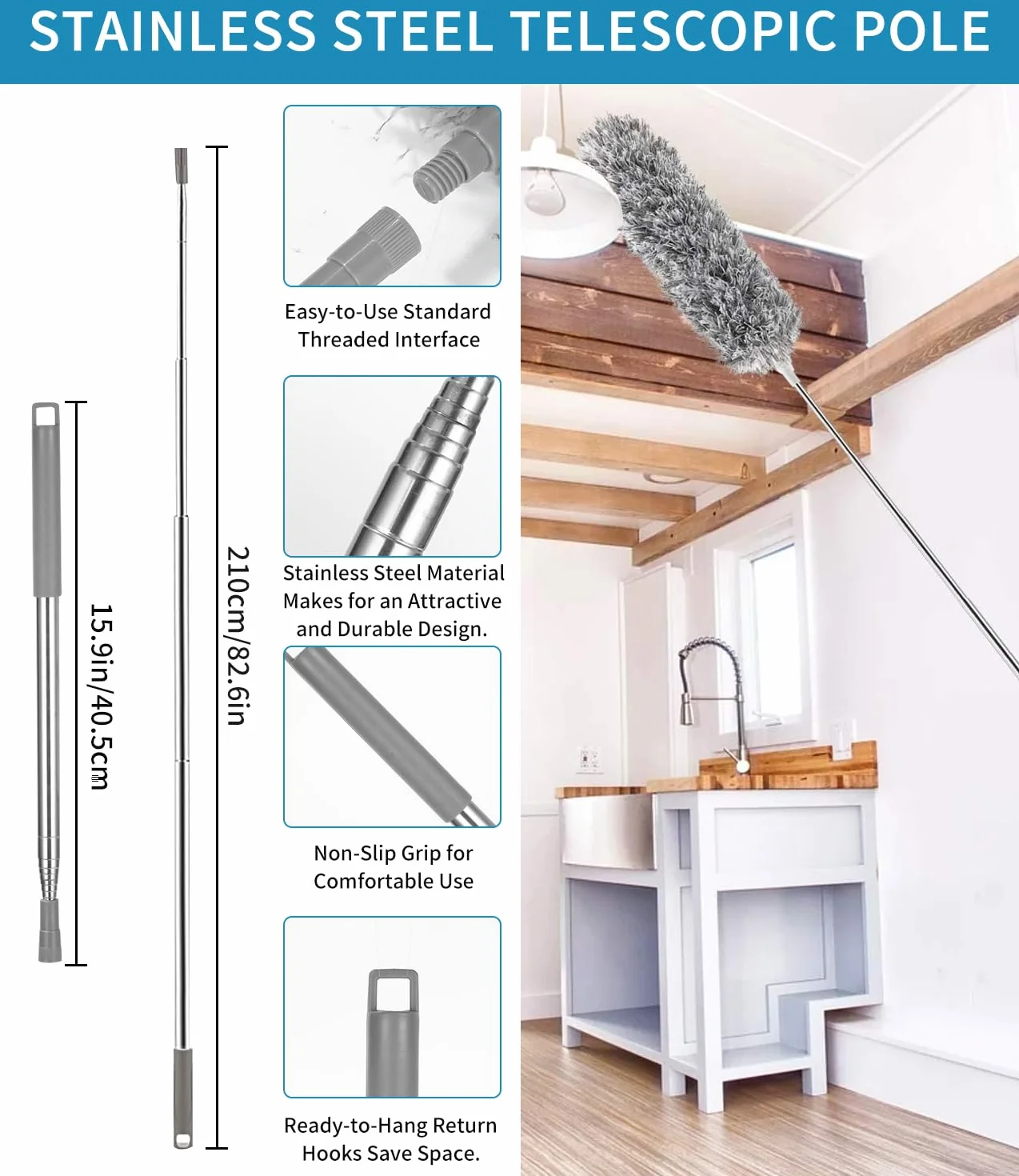 7 Pezzi Spolverino per Polvere Microfibra Lavabile, Togli Ragnatele Allungabile 27-256 cm,Bastone Telescopico per Pulizia, Spolverino Telescopico per Ragnatela,TV,Ventilatori Soffitto,Tapparelle,Tetti