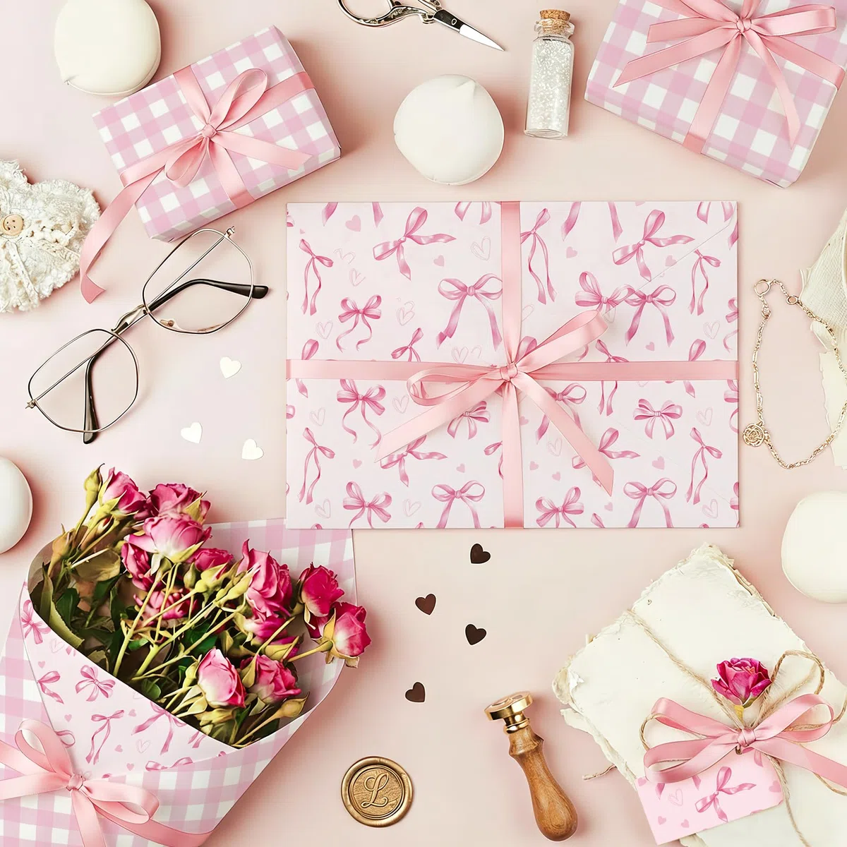 Neloheac Rotolo Carta da Regalo Fiocchi e Cuori Rosa Reversible Quadri, 43 cm x 10 m, Ideale per Compleanni di Ragazze Donne, Festa della Mamma, San Valentino, Bridal Shower, Matrimoni