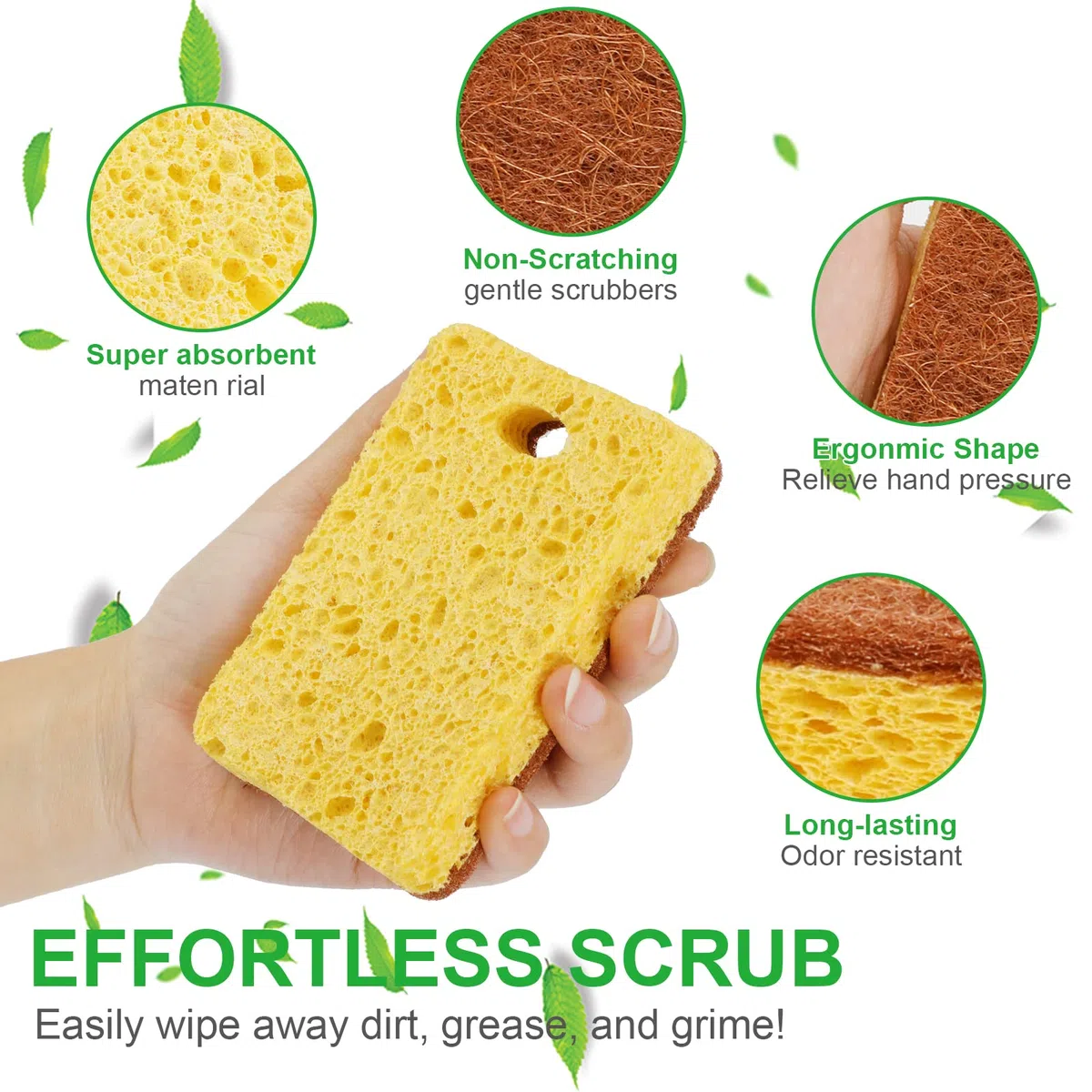 Spugna da cucina naturale biodegradabile Eco Spugna da cucina compostabile antigraffio in cellulosa sisal e cocco, confezione da 12 (cocco)
