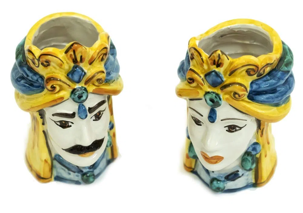 Generico Coppia teste di moro Caltagirone giallo in ceramica siciliana vasetti piccoli 15 cm