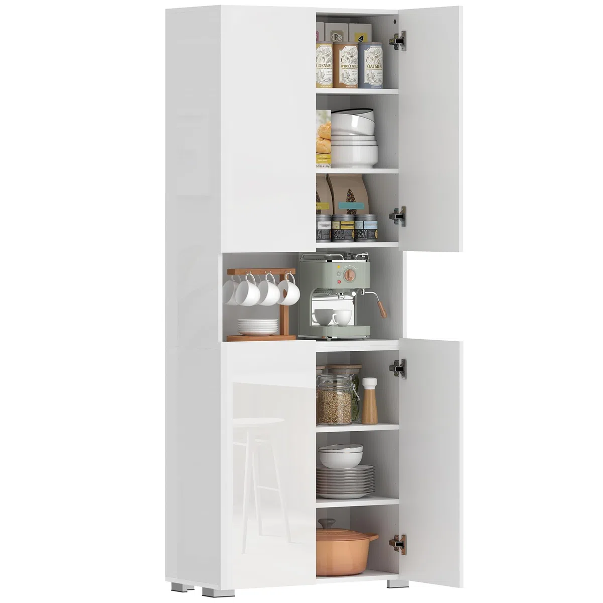 HOMCOM Credenza Cucina Alta 180 cm, Mobile Dispensa con 4 Ante Soft-Close, Ripiani Regolabili, Scomparto Aperto, 2 Armadietti, Mobile Cucina Moderno per Sala da Pranzo Soggiorno, Bianco Lucido