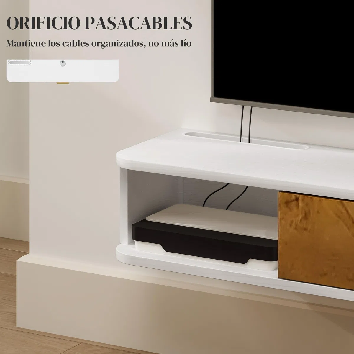 HOMCOM Mobile da soggiorno, mobile da sala da pranzo, con ripiano da parete, mobile TV, armadio, scomparti per cavi, per TV da parete, 120 x 24 x 16 cm, bianco