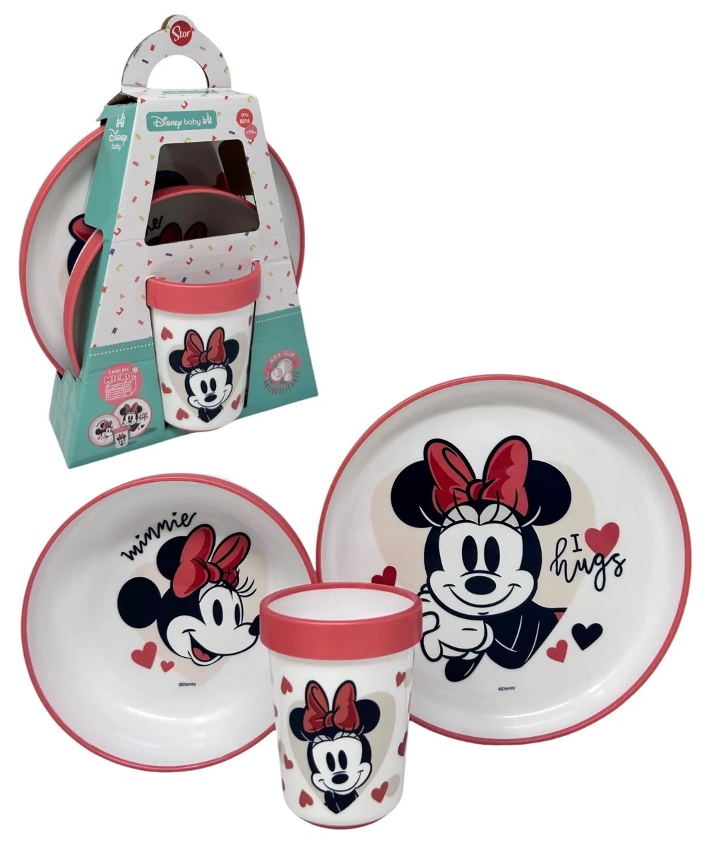 Set pappa Minnie Disney 3 pezzi piatto piano piatto fondo bicchiere stoviglie in plastica riutilizzabile con sistema antiscivolo per bambini