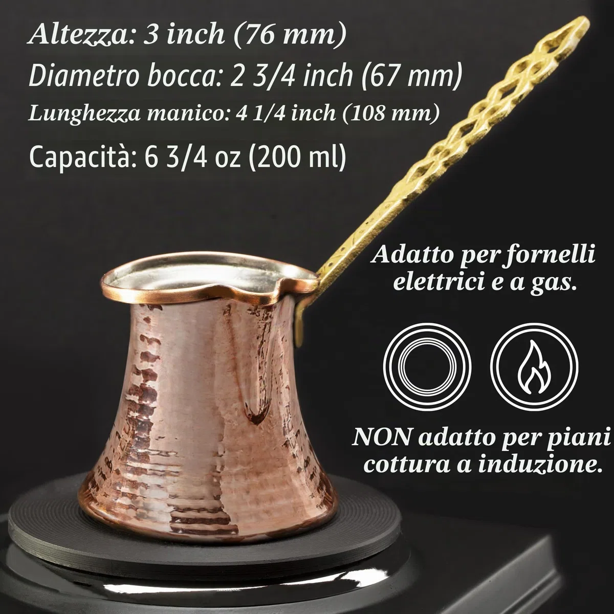 CRYSTALIA - Caffettiera turca in rame, realizzata a mano, in rame Cezve, per caffè turco, arabo, greco, martellata a mano, 200 ml
