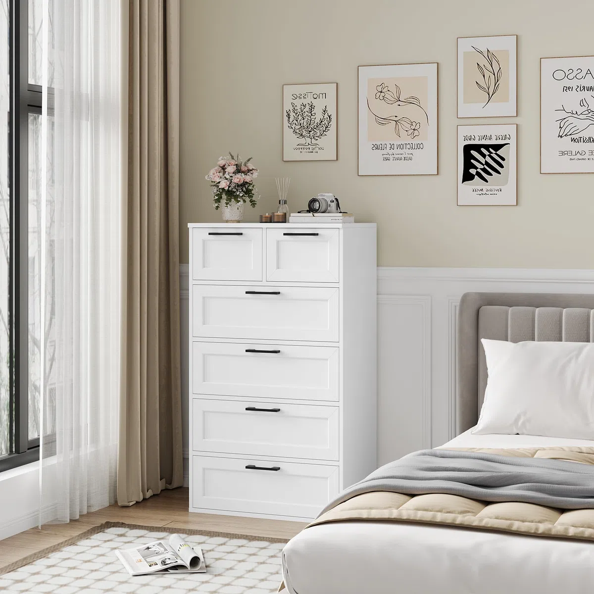 HOCSOK Cassettiera Bianca, Mobiletto con 6 Cassetti, Comò in Legno, Cassettiera Alta per Camera da Letto, Soggiorno, Corridoio, Moderna, 40 x 60 x 99,5 cm