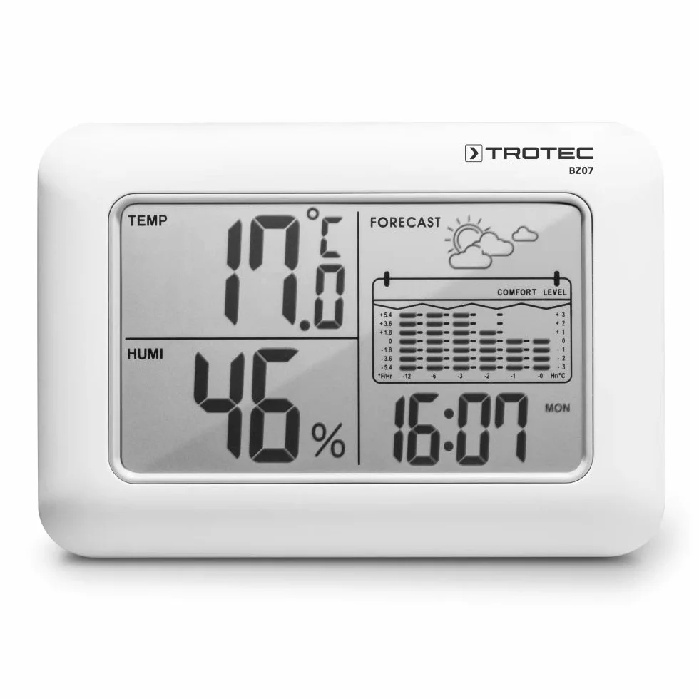 TROTEC Meteo Stazione BZ07 Dispositivo combinato 6 in 1 con valori climatici interni, tendenza meteorologica, statistiche della temperatura su 12 ore, indicatore di benessere