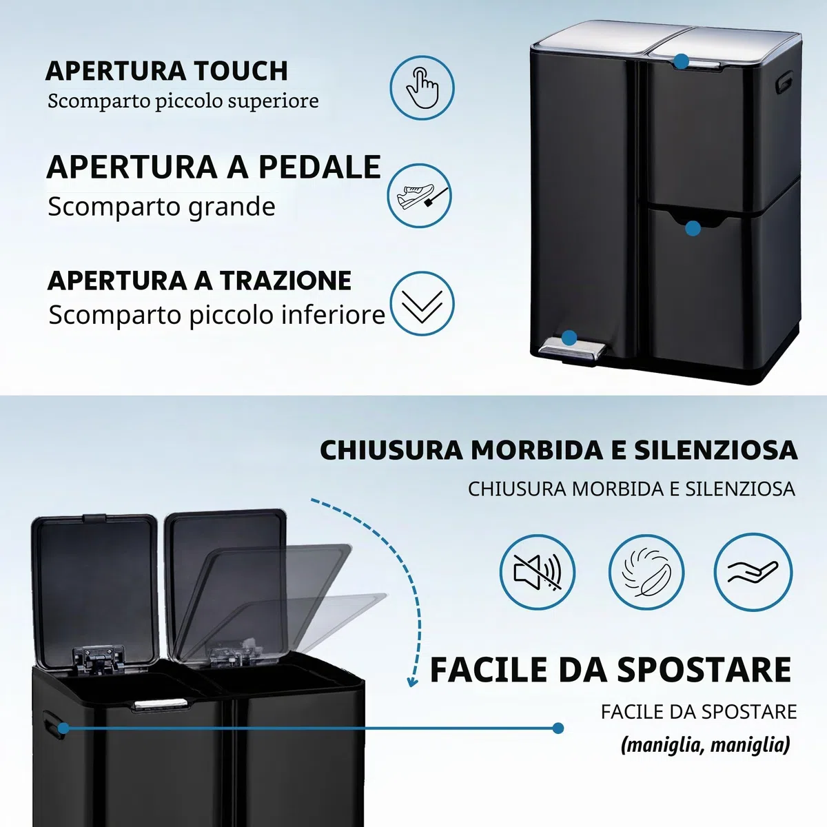Cestino dei rifiuti di cucina per la raccolta differenziata 60L HAJA Nero