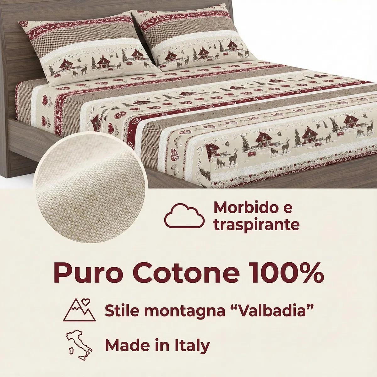 Tex family Completo Lenzuola Tirolese Valbadia - 100% Cotone Made in Italy - Stile Montagna Cervi e Baite - Due Piazze