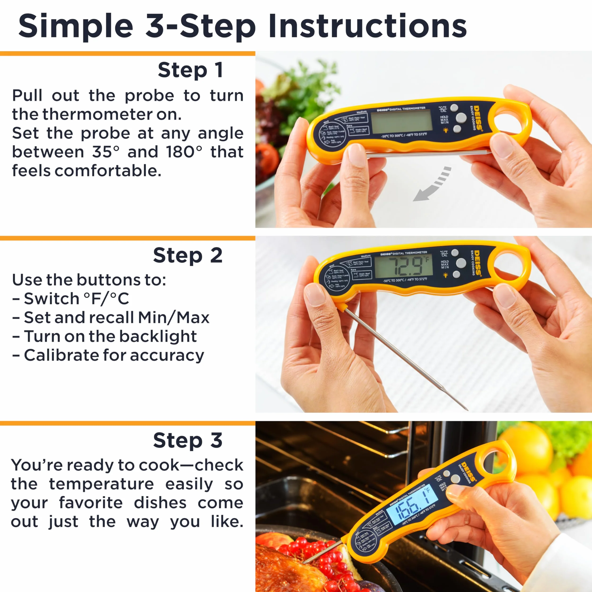 Deiss PRO Termometro per carne digitale - Letture precise e velocissime con display retroilluminato, funzione di memoria e calibrazione - Termometro da cucina professionale