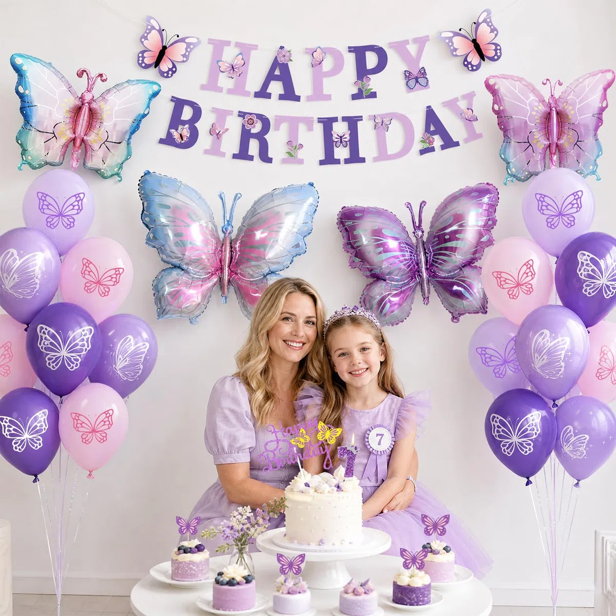 Palloncini Farfalla Compleanno 7 Anni, XXL Farfalla Festa Decorazioni, Palloncino Numero 7 con Happy Birthday Striscione, per Festa Compleanno Farfalle Bambina