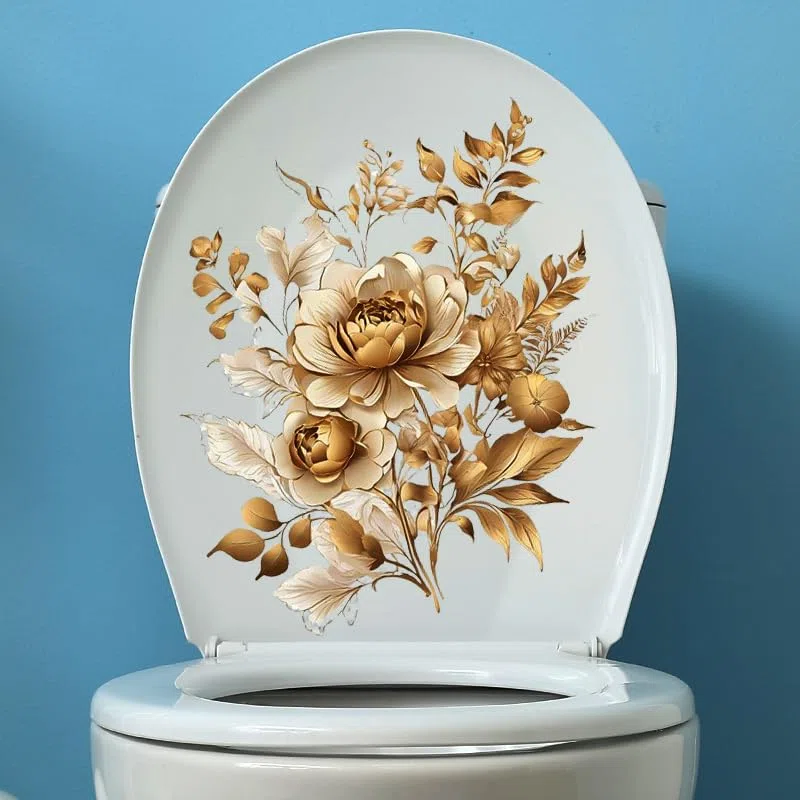 Adesivi per copriwater con fiori di peonia dorata, pesce uccello fiore foglia impermeabile coperchio del water decalcomanie cisterna adesivo da parete per bagno
