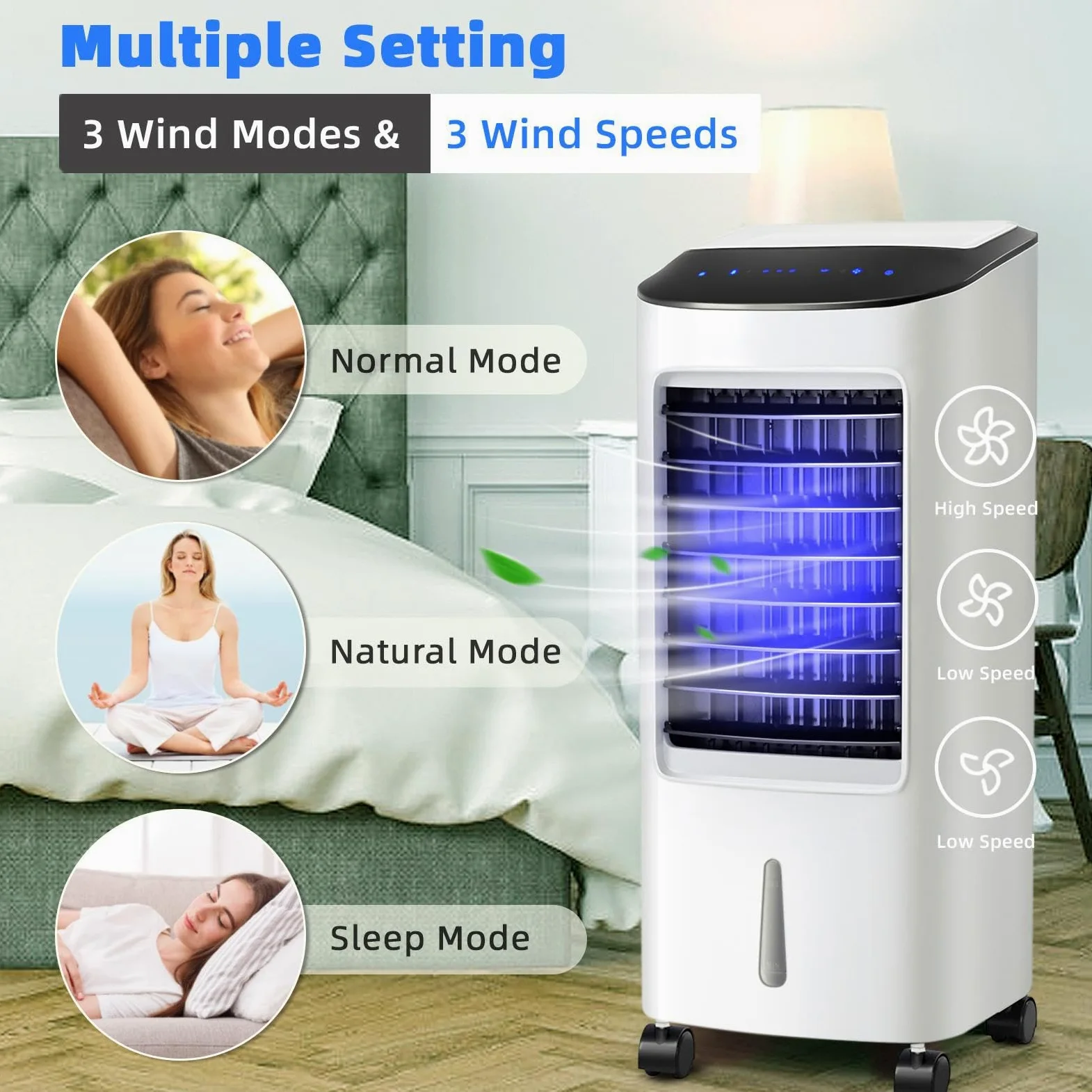 SOARS Raffreddatore d’Aria 65W, 3 in 1 Air Cooler, Umidificatore, Ventilatore, Ventilatore Condizionatore Portatile con Telecomando, 3 Velocità, Timer 7,5H, Serbatoio dell'Acqua da 7L