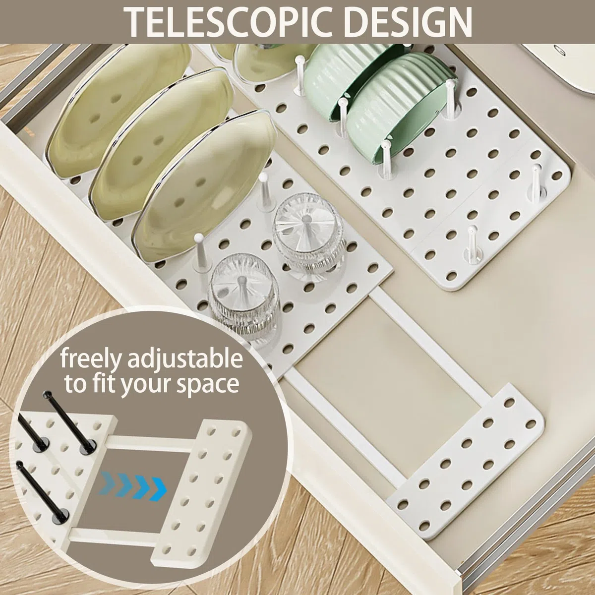 Organizzatore per Cassetti Cucina, Set da 2 - Porta Pentole Salvaspazio da Cassettone, Organizer Regolabile per Pentole, Padelle e Coperchi - Pratico Organizer Armadio Cucina