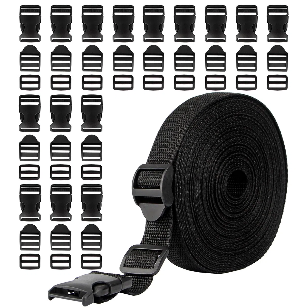 Cinghia Rigida 10m x 25mm, Cinghie Zaino in Polipropilene, Fettuccia Zaino con 45 Fibbie per Zaino in Plastica, Fibbia Zaino a Sgancio Rapido per Collari Fai Da Te e Cintura per Bagagli
