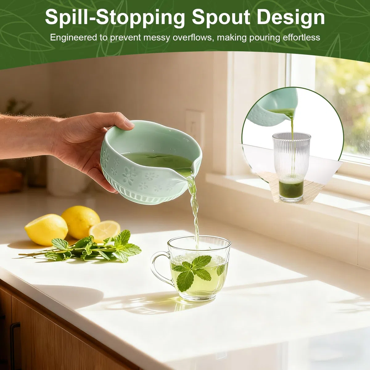 9PCS Matcha Tea Set, Matcha Set Grün, Matcha Tea Set with Whisk and Bowl, Ceramic Matcha Bowl with Spout Und Luffa (Green)