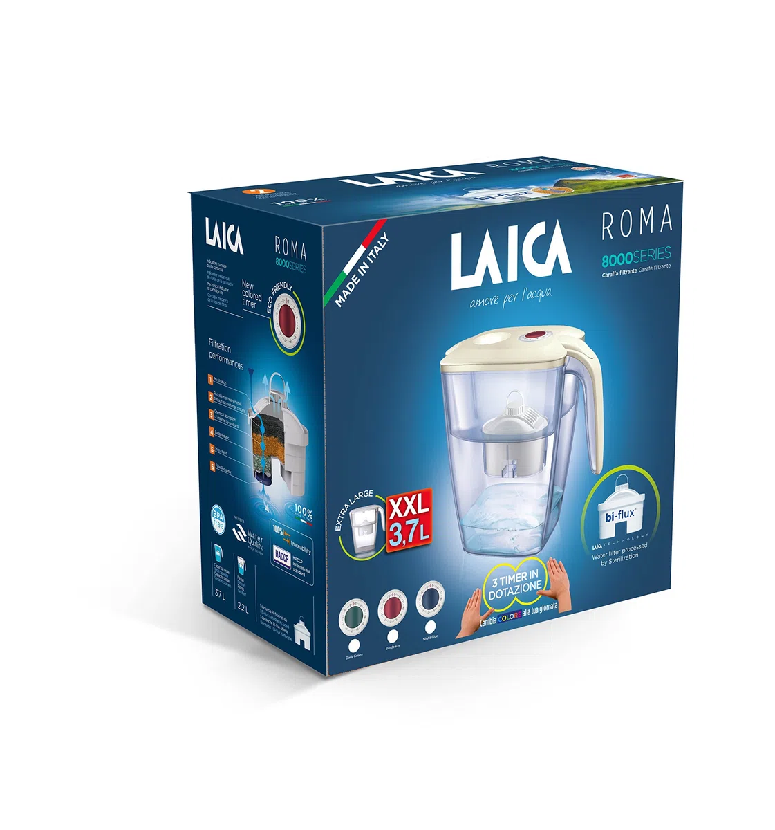 Laica Caraffa Filtrante BIG Roma - Bianco - 3,7L - 1 Filtro bi-flux incluso, Preserva i sali minerali e Riduce le sostanze indesiderate - Capacità XXL - Timer Manuale- Sicurezza Made in Italy