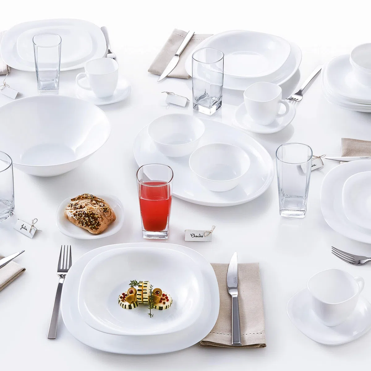 Luminarc Carine - Servizio da tavola quadrato in vetro opale, 18 pezzi, set da tavola (18 pezzi, bianco)