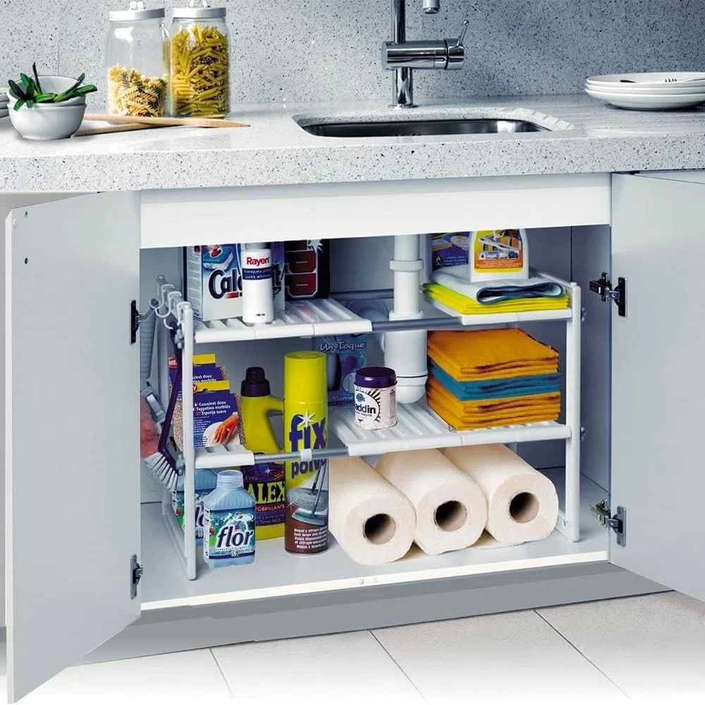 Avilia Scaffale Sottolavello con 2 Ripiani, Organizzatore Cucina e Bagno, Multifunzione, Alluminio Bianco 31x49.8x7cm