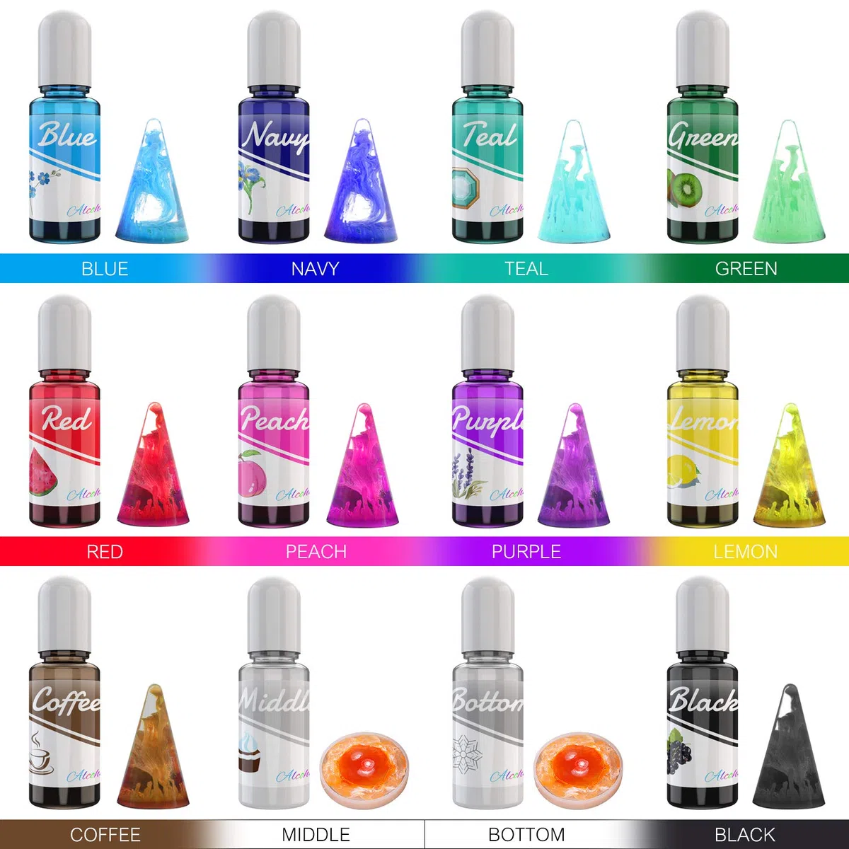 Alcohol Ink Set - 12 Colori Inchiostro Alcool per Pittura Resina Epossidica, Arte Resin, Fabbricazione Capsule Petri di Resina - Colorante Alcolico Concentrata per Bicchieri, Pittura - 12 x 10ml