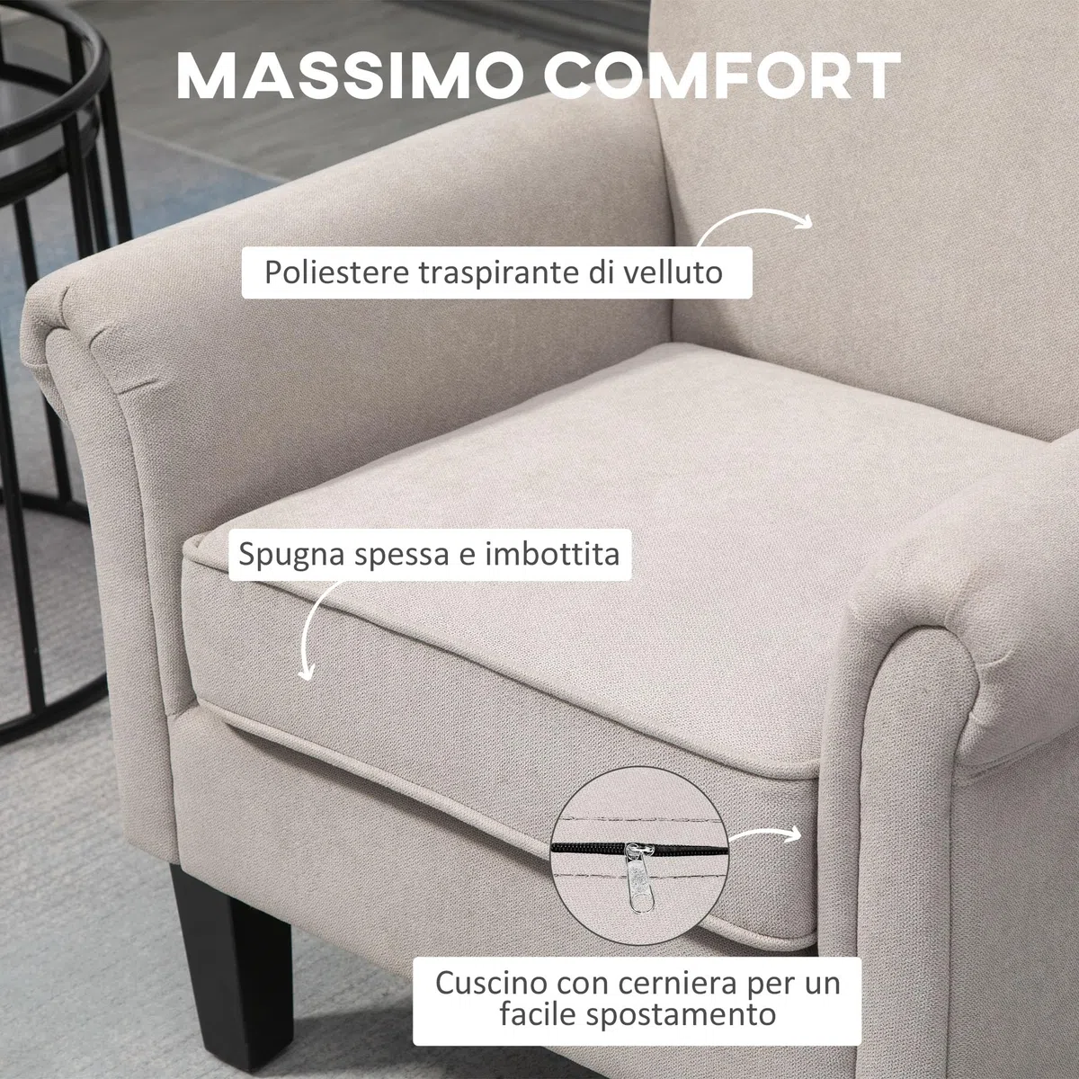 HOMCOM Poltrona d'Arredo in Stile Nordico con Braccioli, Poltrona Imbottita in Legno e Poliestere, 79x78x87 cm, Grigio e Marrone