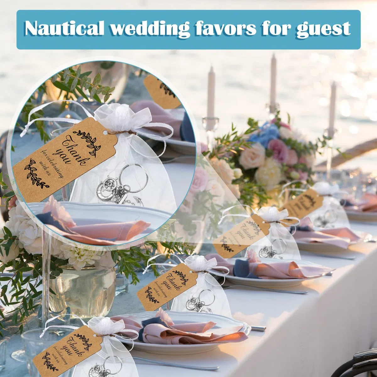 Set di 10 portachiavi a forma di ancora, bomboniere per gli ospiti, souvenir creativi con sacchetti regalo con coulisse ed etichette di ringraziamento per decorazioni a tema nautico per