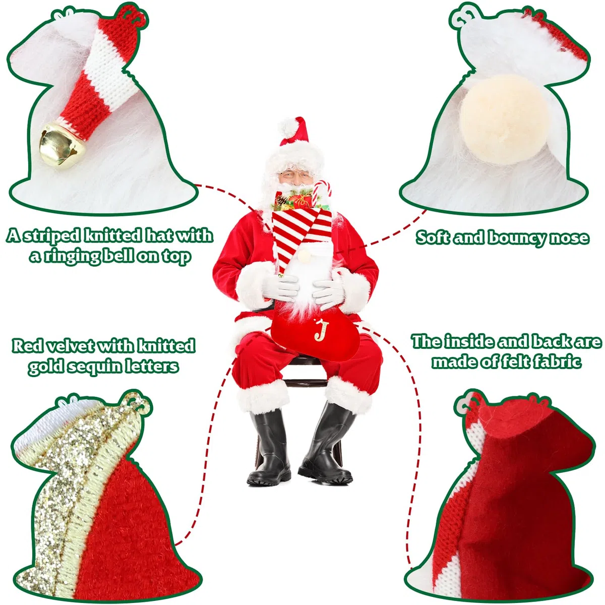 Calza di Natale, 50 cm, grande, personalizzata, con gnomi da caminetto, Babbo Natale, da appendere, con campana, lettera, ricamo, calze natalizie per vacanze in famiglia, decorazioni per feste di