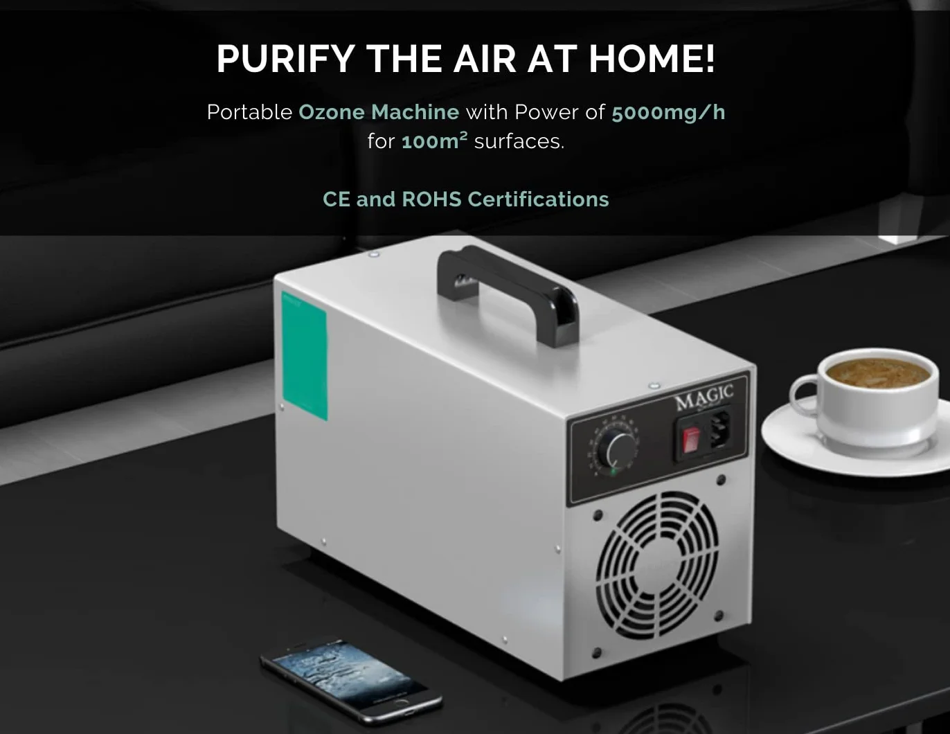 Generatore di Ozono 5.000mg/h, purificatore d'Aria, Ozonizzatore/Deodorante ionizzatore Home per Stanza, Fumo, Auto e Animali Domestici