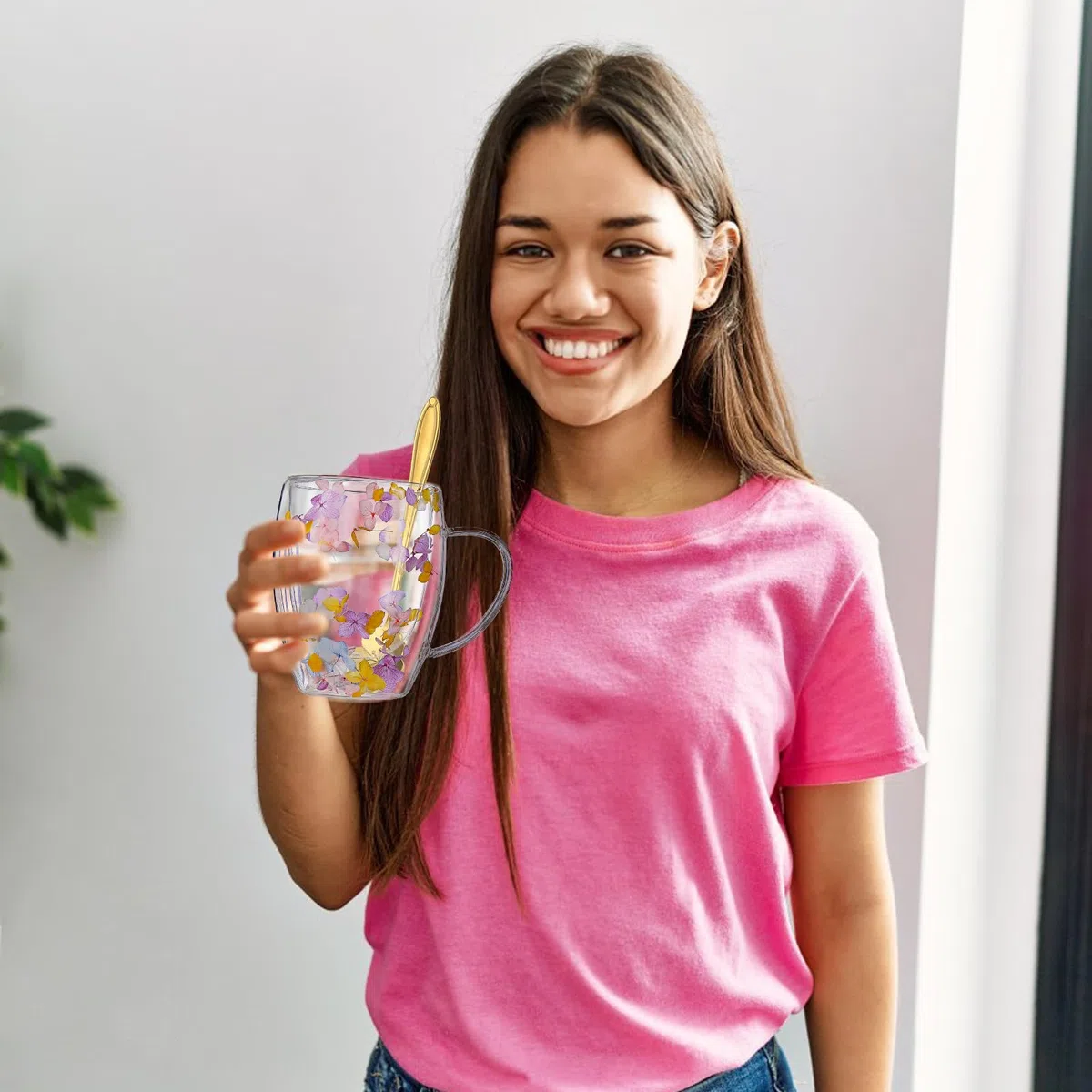 Tazze da Caffè in Vetro a Doppia Parete con Fiori Secchi CHUNLINLAODA-350ml Tazza da Caffè in Vetro con Fiori Secchi Tazze da Caffè a Doppia Parete con Fiori Secchi per Bevande Calde (Rosa Viola)