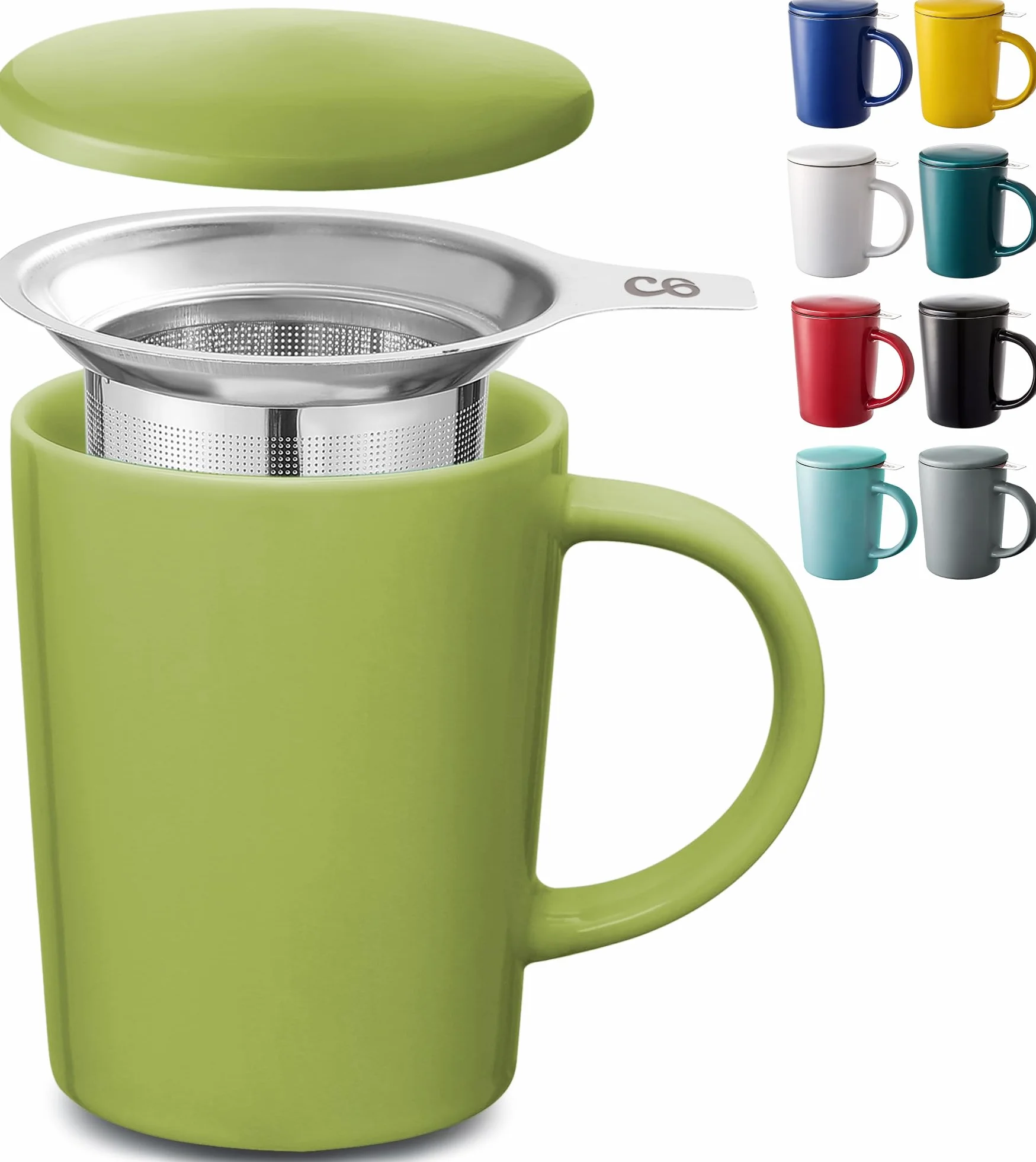 Cosumy Tazza di Ceramica con Filtro e Coperchio - 400ml Grande - Con Manico - Lavabile in Lavastoviglie - Per Tè e Infusi (Verde Matcha)