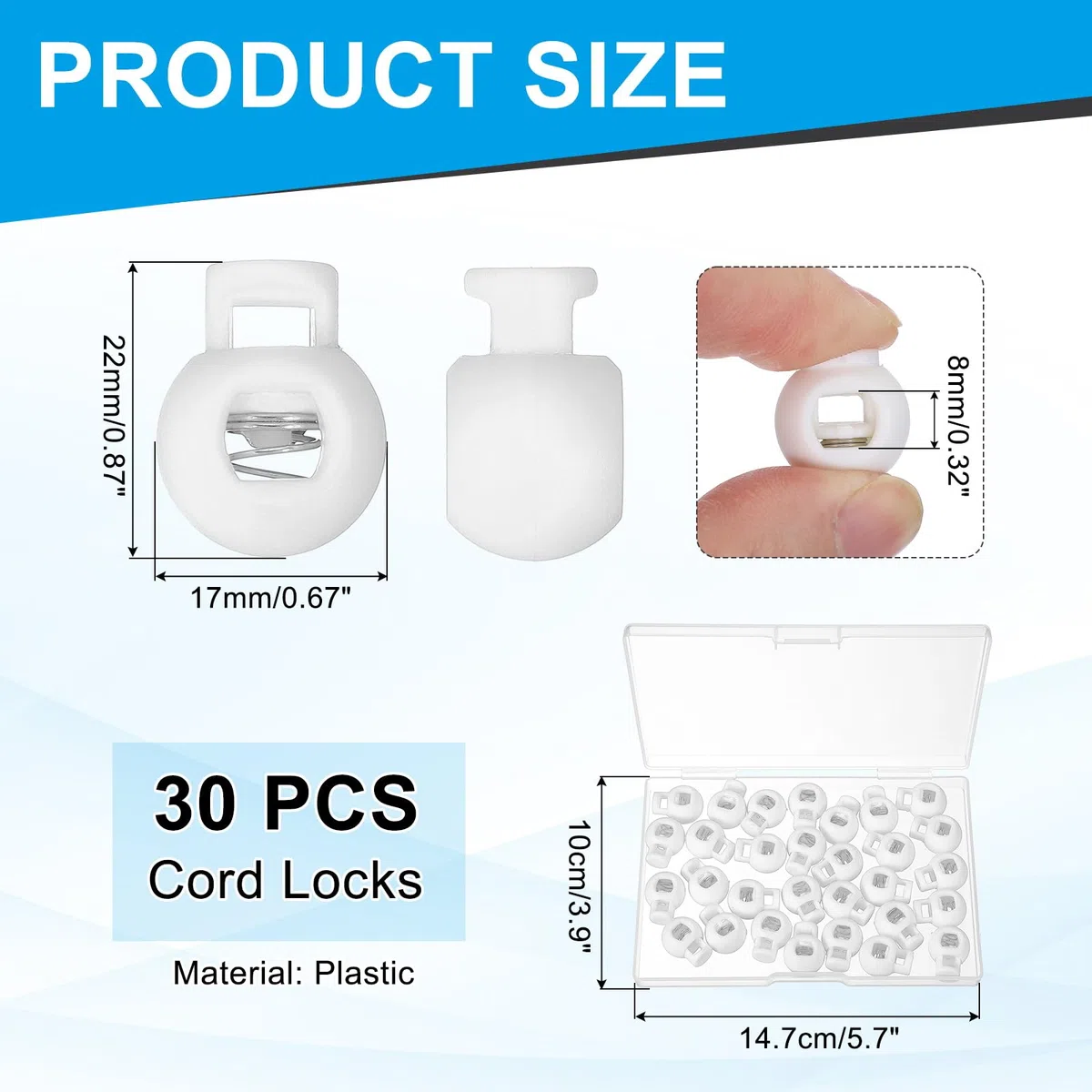 PATIKIL Fermacorda Rotondo, 30 Pcs Fermagli Regolabili A Molla Con Foro Singolo In Plastica Per Lacci Paracord E Stringhe Con Scatola, Bianco