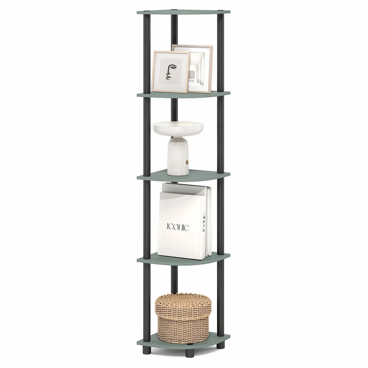 Furinno TURN-N-TUBE Mensola Angolare, Libreria Angolare A 5 Ripiani, Ripiani Aperti Portaoggetti, Per Organizzazione E Contenimento, Soggiorno, Ufficio Domestico, Garage, Camera Da Letto, Verde Salvia