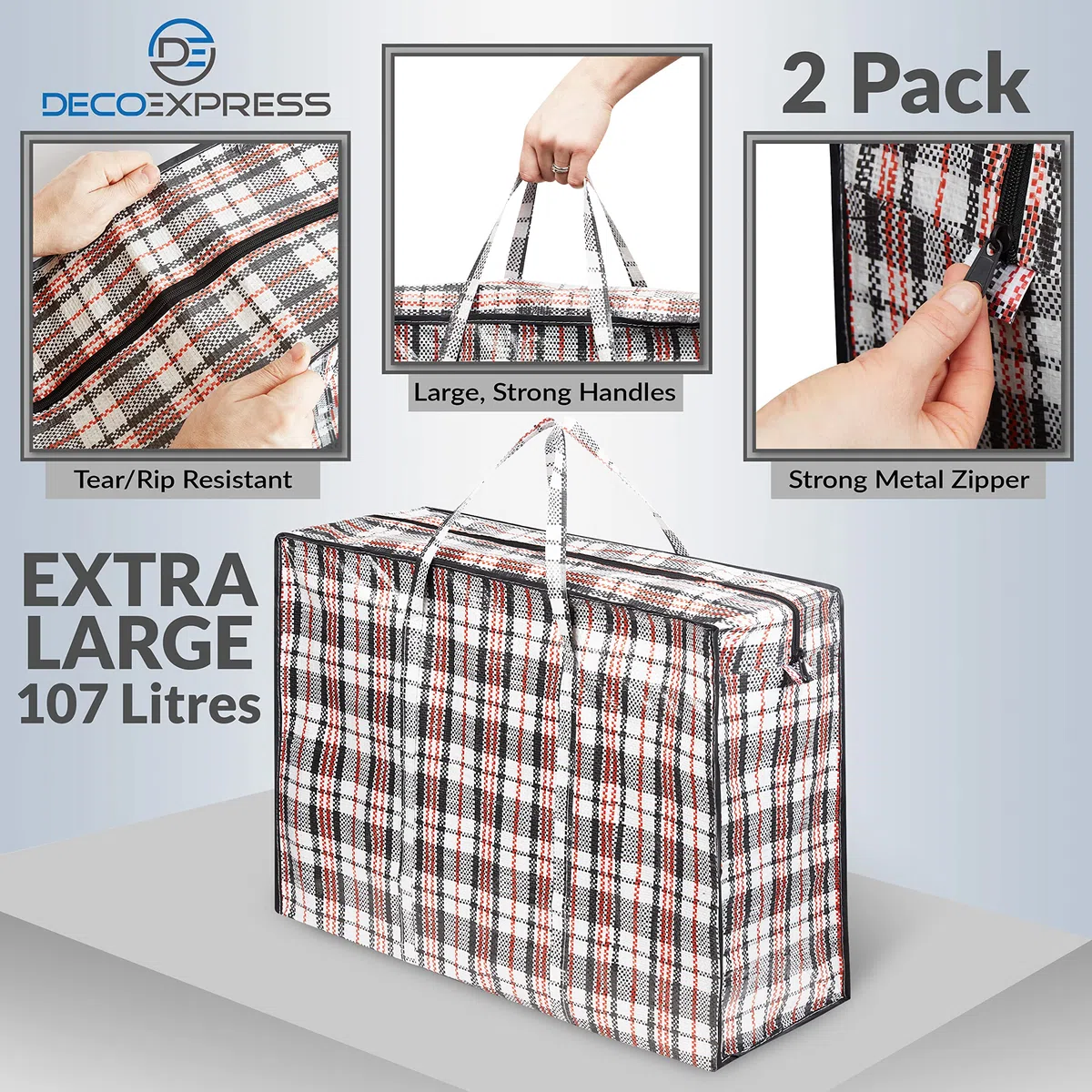 Deco Express Borse Salvaspazio Grandi 107L, 76x59x24 cm, Pack da 2 Borse Trasloco Resistenti Riutilizzabili con Cerniera e Manici per Abiti, Giocattoli (76 X 59 X 24 CM)