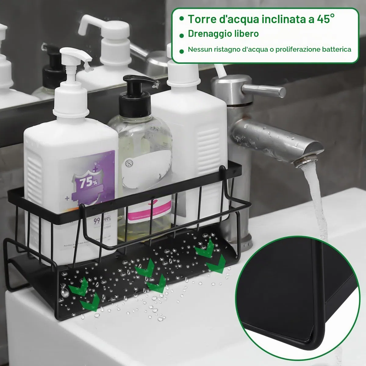 Porta Spugne Cucina Lavello, Acciaio Carbonio Organizzatore Lavello Cucina con Vassoio Gocciolamentoe Portasciugamani, Organizer Lavello Cucina per Spazzole Stracci Spugne, Nero