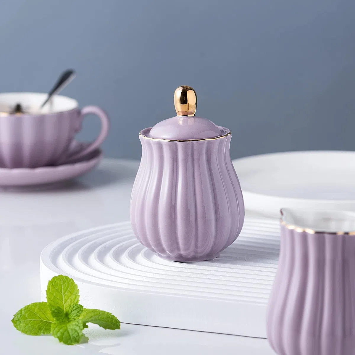 YBK Tech - Set di bricco per latte e zuccheriera in porcellana, per degustazione di caffè, motivo a righe, colore: viola
