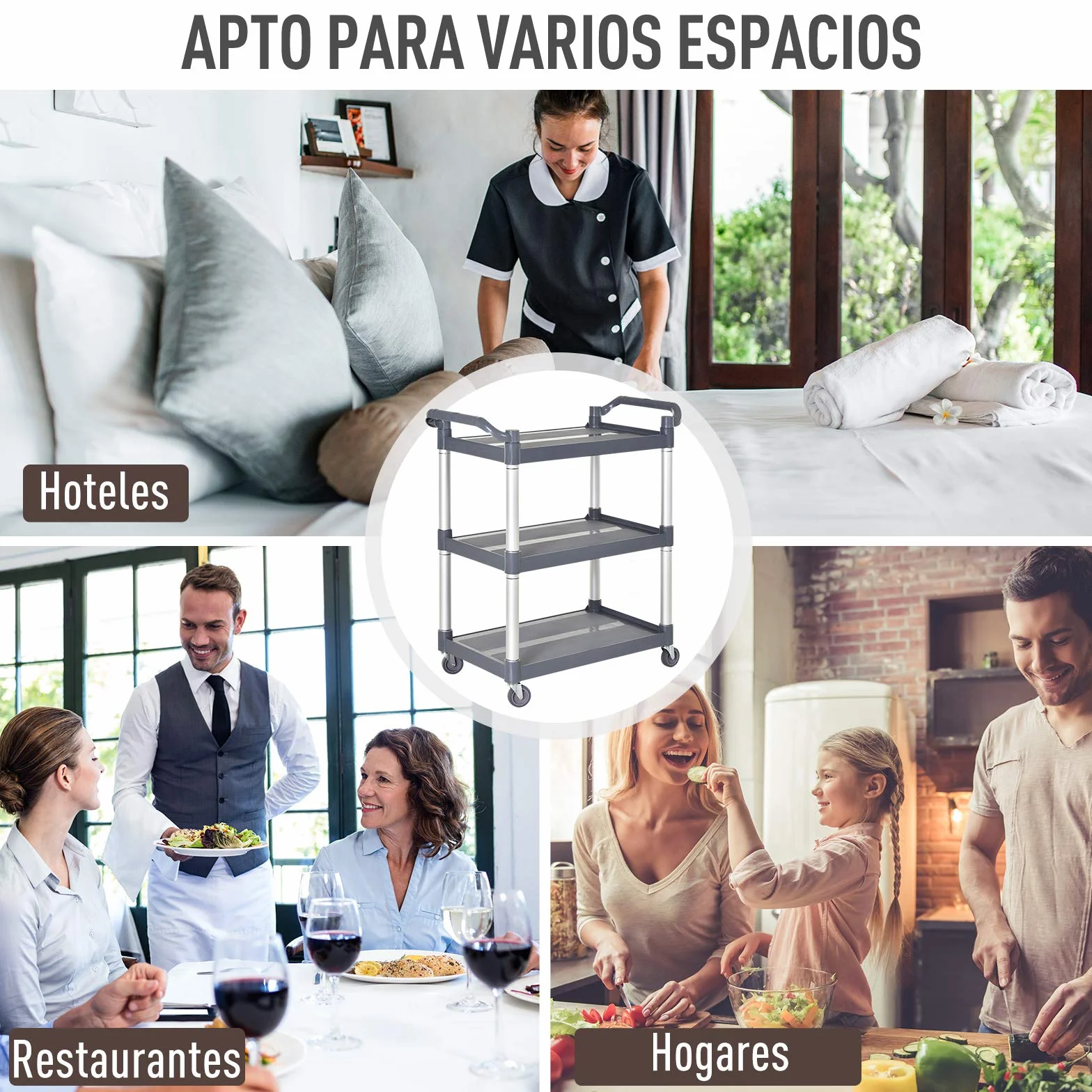HOMCOM Carrello da cucina in lega di alluminio con ruote Carrello da cucina a 3 livelli Carrello portaoggetti carico 105 kg per Sala da pranzo Bagno 88x44x93 cm Grigio