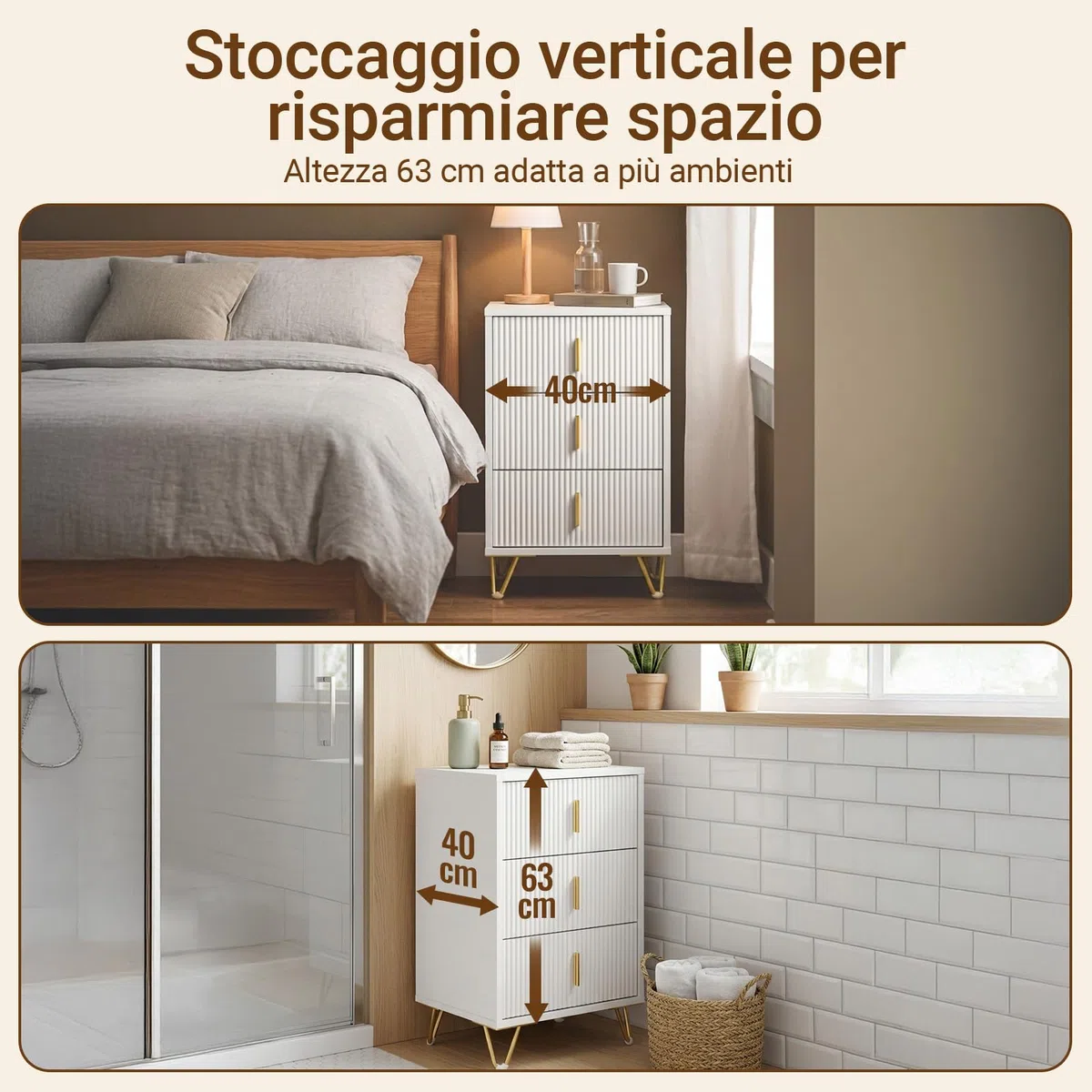 SoBuy Comodino camera da letto con 3 cassetti, 63 cm altezza ergonomica & 33 kg capacità, tavolino da letto per camera e soggiorno, ideale per piccoli spazi, bianco, 40 x 40 x 63 cm, FBT115-L-W