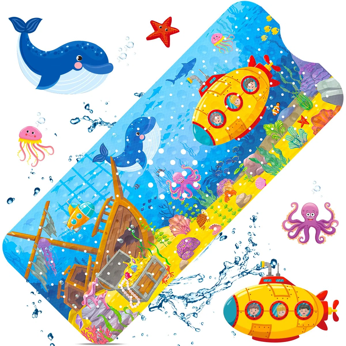 Tappetino Vasca Antiscivolo Bambini da Bagno,100x40cm Tappetino per Doccia Antiscivolo con 200 Ventose e Modello Animale Marino,Senza BPA Antibatterico Lavabile in Lavatrice Tappetino da Bagno