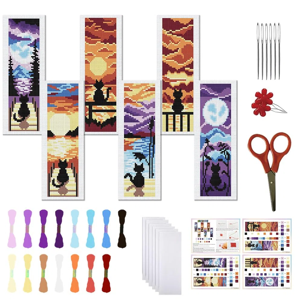 FREEBLOSS Set di 6 segnalibri a punto croce con motivo paesaggistico e gatto, kit da ricamo con istruzioni, per adulti, 20,3 x 6,1 cm