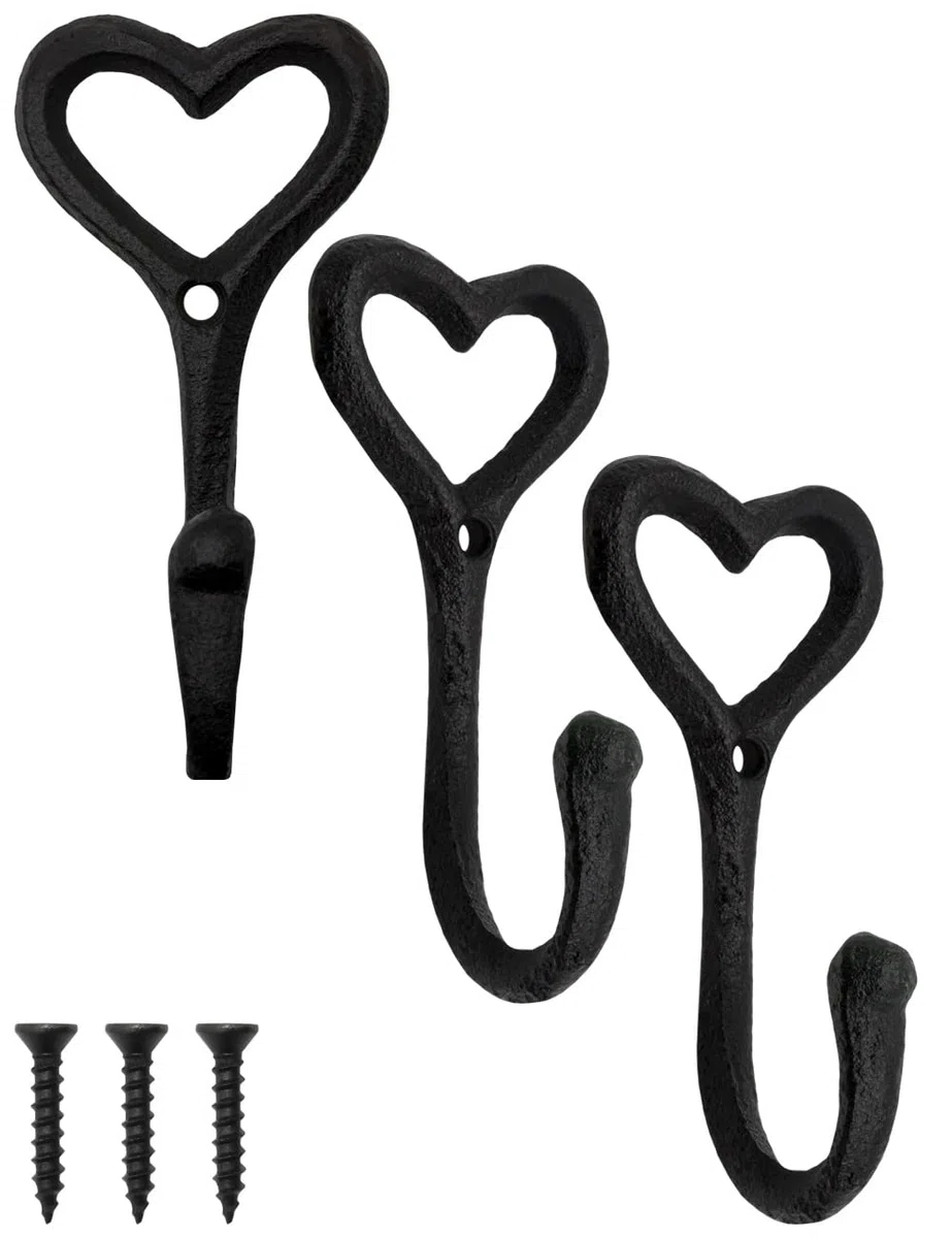 FUXXER Ganci rustici in ferro, design a cuore in ghisa, set da 3, colore: nero