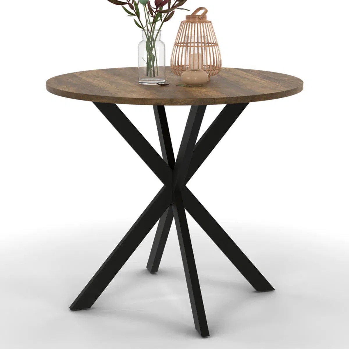 IDMarket - HAWKINS mesa de comedor redonda 2-4 personas con patas de araña negro y madera antigua 80 cm