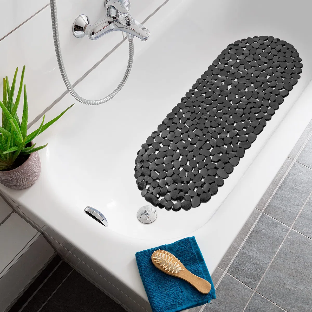 Navaris Tappetino Antiscivolo Vasca da Bagno - Tappeto Anti Scivolo Ciottoli Anti Muffa 99x39cm - Grip Aderente Piatto Doccia 162 Ventose - Nero