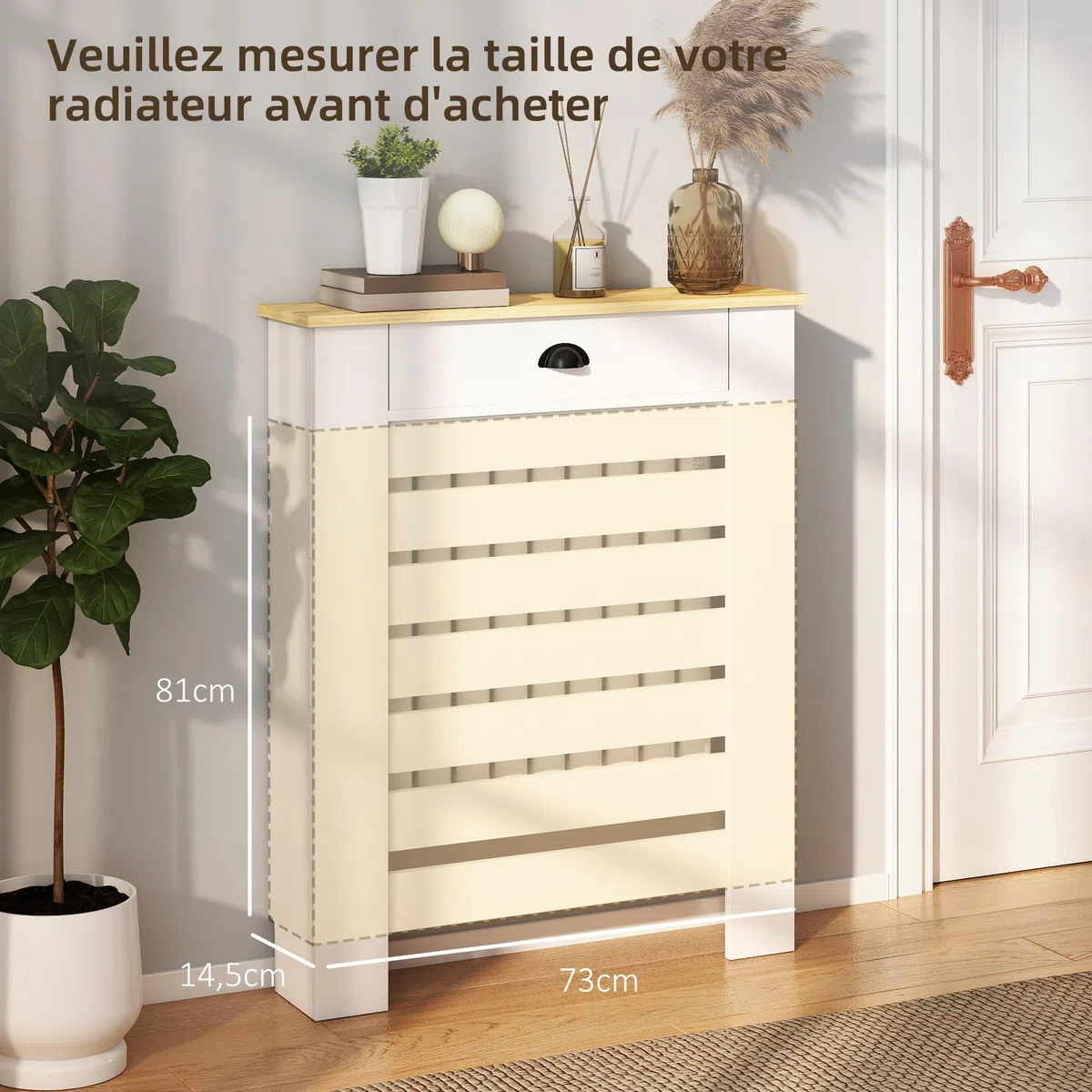 HOMCOM Copriradiatore, schermo per radiatore, griglia a lamelle orizzontali, con cassetto, per soggiorno, camera da letto, corridoio, legno, 78 x 19 x 95,5 cm, bianco
