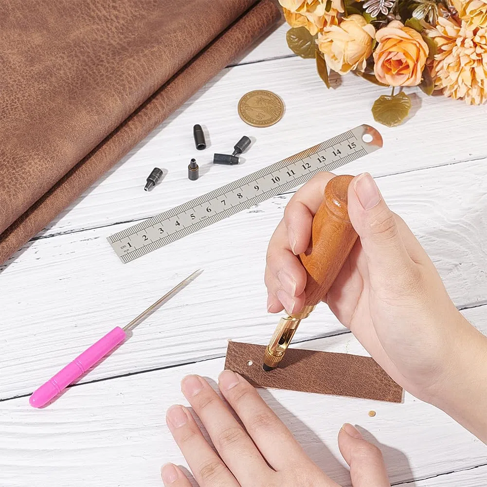 FINGERINSPIRE Set di perforatori giapponesi regolabili con tappo a vite, manico in legno in ottone con 6 punte e manico in plastica punteruoli in perle di ferro e righello in acciaio inox