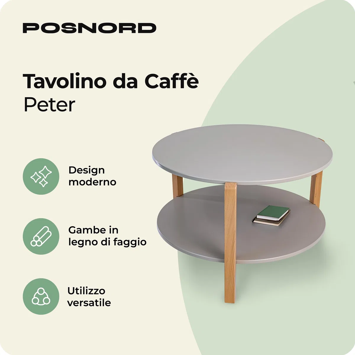 Tavolino Salotto Moderno Rotondo Ø 75 cm, Tavolino da Caffè con Ripiano, Gambe in Legno di Faggio, Tavolo Design Scandinavo per Soggiorno e Ufficio, Coffee Table Verde Oliva
