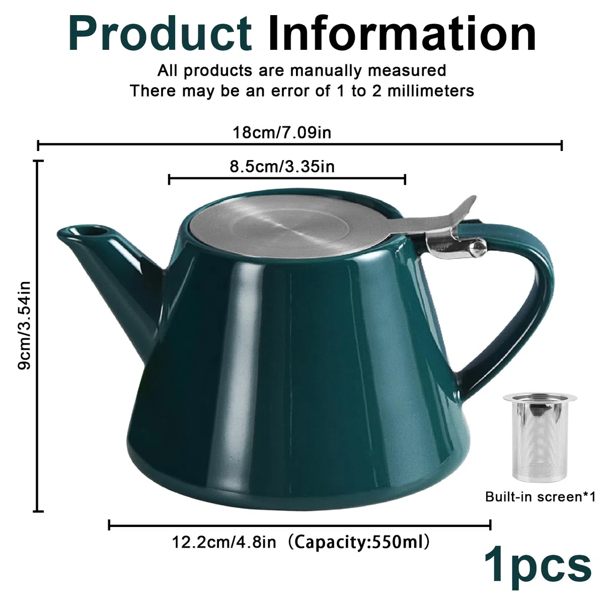 Teiera con filtro in acciaio inox, 500 ml, infusore a maglia fine, teiera in porcellana con colino da tè rimovibile in acciaio inox, teiera isolante in ceramica per un piacere più lungo del tè (verde